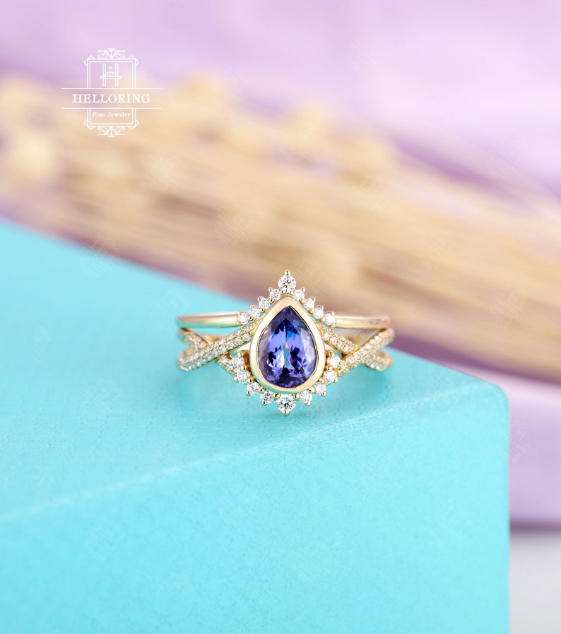 Tanzanite Engagement ring set white gold Vintage wedding ring Pear cut Art deco Curved diamond Moissanite band Anniversary Promise ring image 9