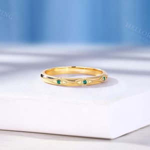 Art Deco Emerald Wedding Band, Custom Stacking Matching Solid Gold Band, Vintage Sapphire Band, Unique Women's Aquamarine Wedding Band image 5