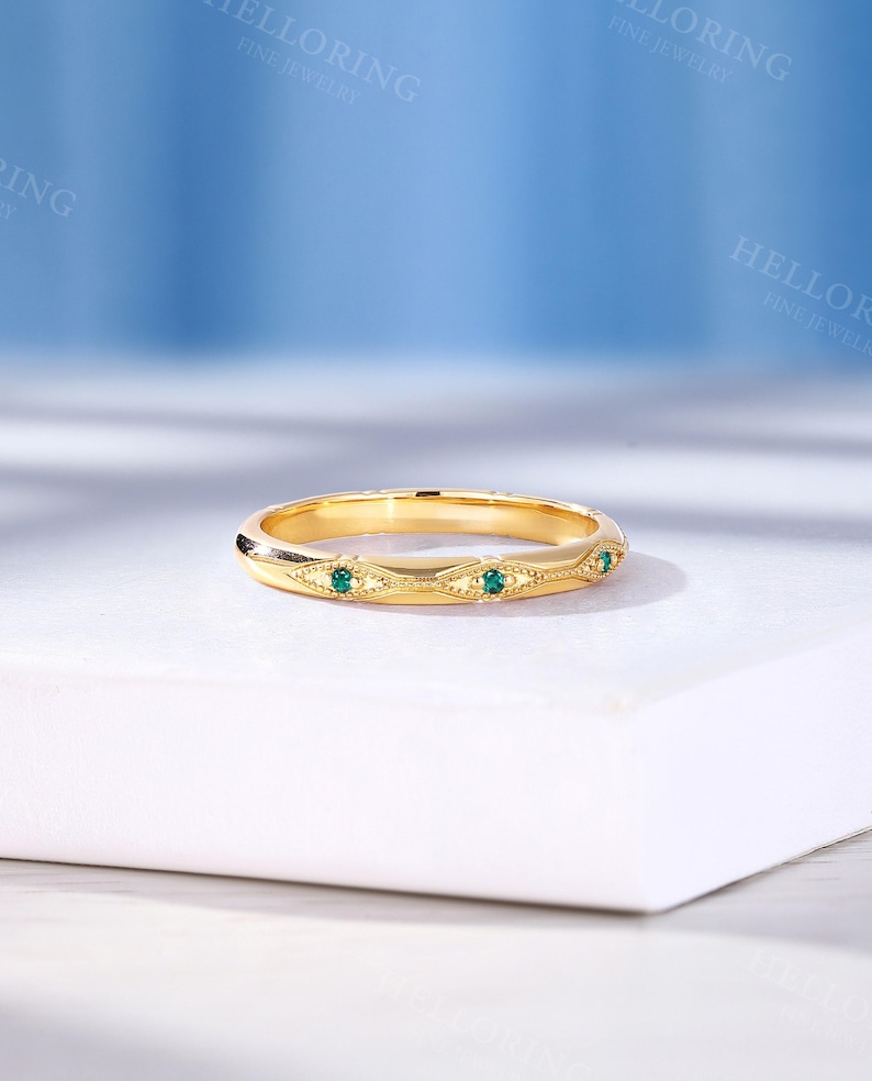 Art Deco Emerald Wedding Band, Custom Stacking Matching Solid Gold Band, Vintage Sapphire Band, Unique Women's Aquamarine Wedding Band image 5