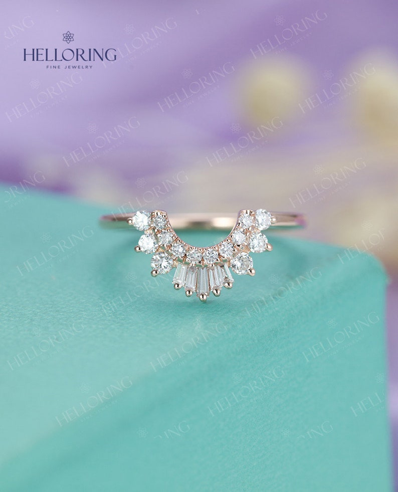 Vintage Diamond Curved Wedding Band Unique CZ Wedding Band Etsy