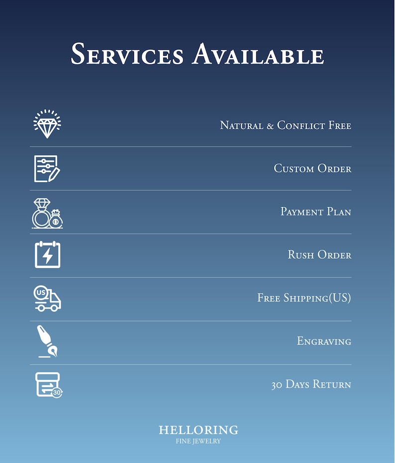 May include: A blue gradient informational graphic titled SERVICES AVAILABLE. It lists: Natural & Conflict Free, Custom Order, Payment Plan, Rush Order, Free Shipping(US), Engraving, and 30 Days Return, each with a corresponding white icon. Bottom text: HELLORING FINE JEWELRY.