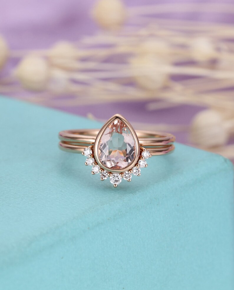 Morganite Engagement Ring set Vintage Rose Gold Diamond curved Wedding band Women Pear Shaped bezel set Stacking Anniversary ring image 6