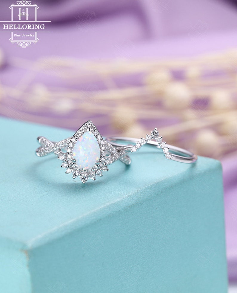 Vintage Opal Engagement ring set White gold wedding ring set | Etsy