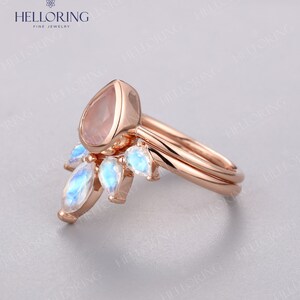 Rozenkwarts Verlovingsring set Rose goud Peer gesneden Gebogen trouwring Marquise gesneden Art deco Moonstone Bridal Anniversary Promise ring afbeelding 5