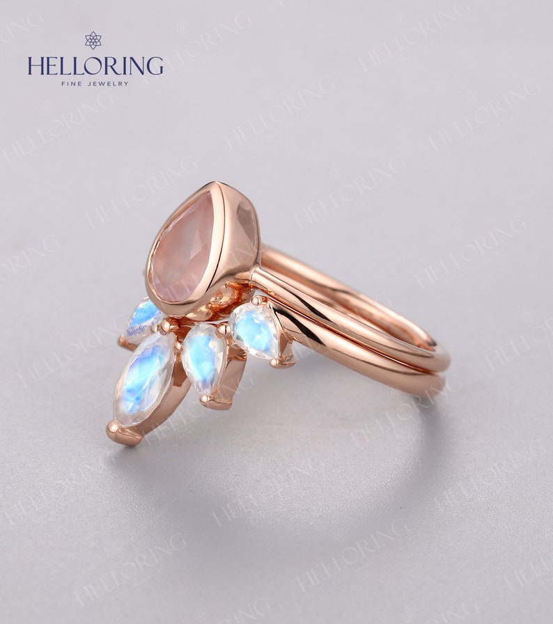 Rozenkwarts Verlovingsring set Rose goud Peer gesneden Gebogen trouwring Marquise gesneden Art deco Moonstone Bridal Anniversary Promise ring afbeelding 5