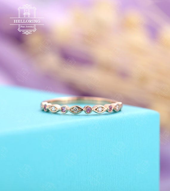 Pink Sapphire Wedding Ring Natural Diamond Sapphire Wedding Band Half Eternity Band Solid 14k 18k Gold Thin Stacking RingPersonalized