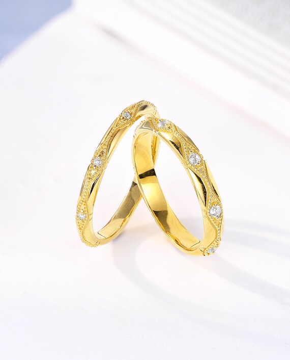 Classic Lab Diamond Wedding Band, His and Hers 18K Yellow Gold Rings, 3/4 Eternity Twisted Couple Rings, Matching Daily Wear Engagement Ring