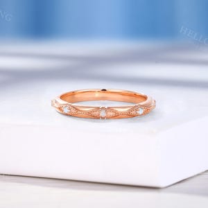 Art Deco Opal Wedding Band: Rose Gold Stacking Engraved Bridal Ring, Birthstone Anniversary Promise Ring image 3