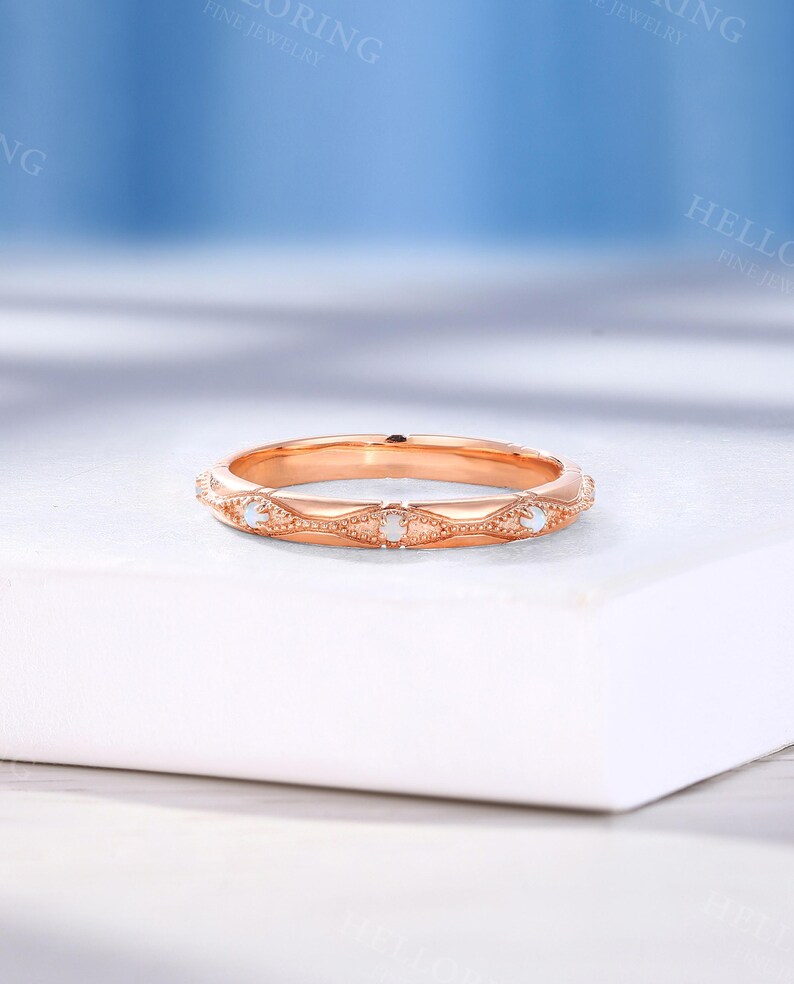 Art Deco Opal Wedding Band: Rose Gold Stacking Engraved Bridal Ring, Birthstone Anniversary Promise Ring image 3