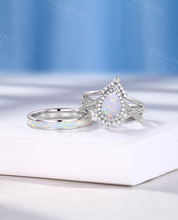 Vintage Opal Engagement Ring Set Pear Shaped Engagement Ring Set