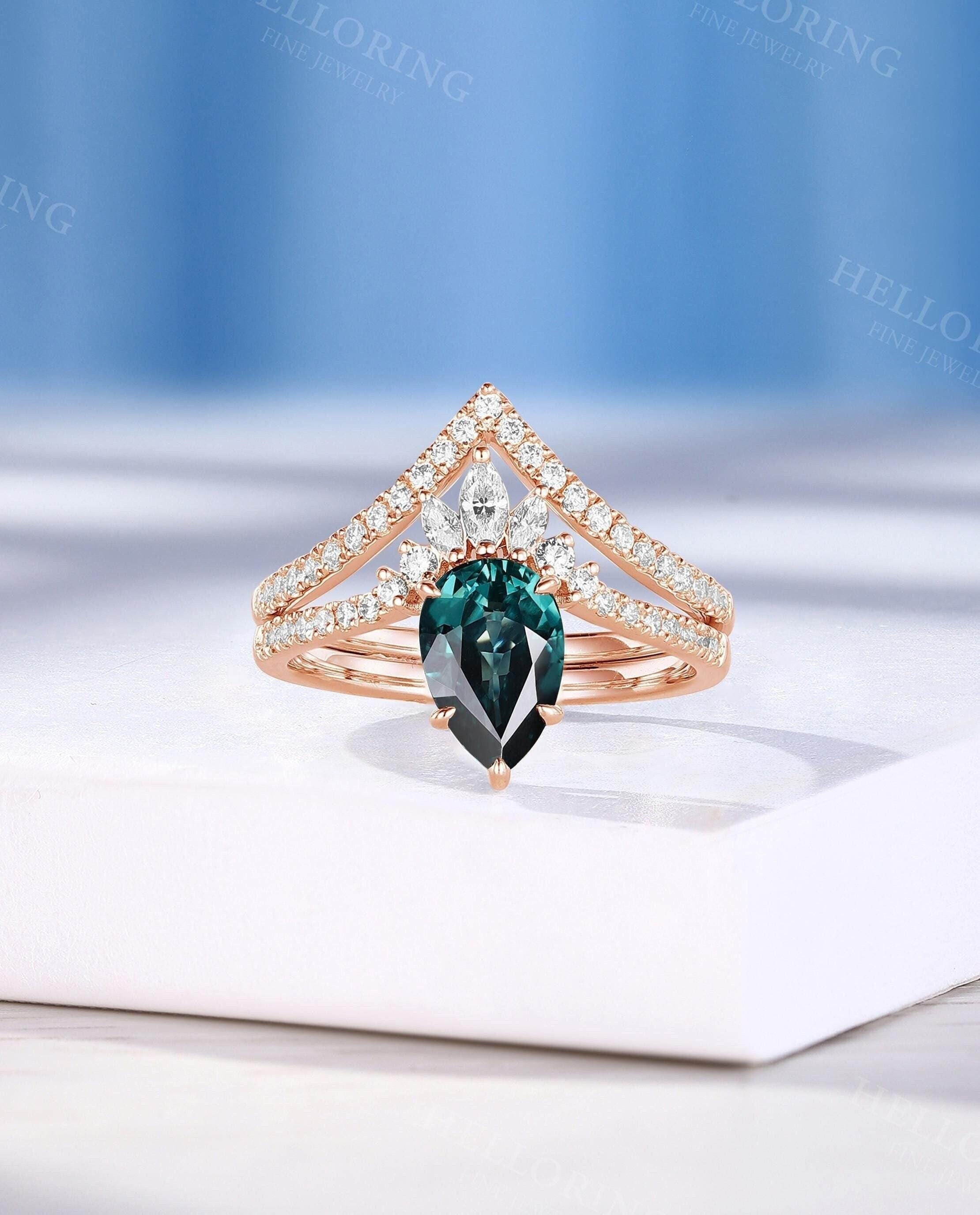 Classic Pear Cut Teal Sapphire Engagement Ring Set, Half Eternity Wedding Band, 14K Gold Wedding Ring, Custom Gemstone Jewelry By Helloring