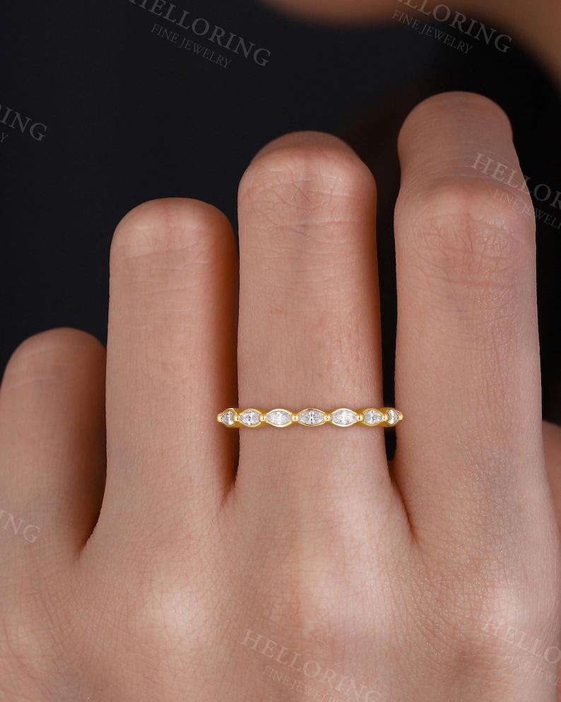 Vintage Marquise Cut Diamond Wedding Band, Handmade White Gold Band, Delicate Seven Stone Ring, Stacking Matching Ring, Bridal Promise Ring image 2