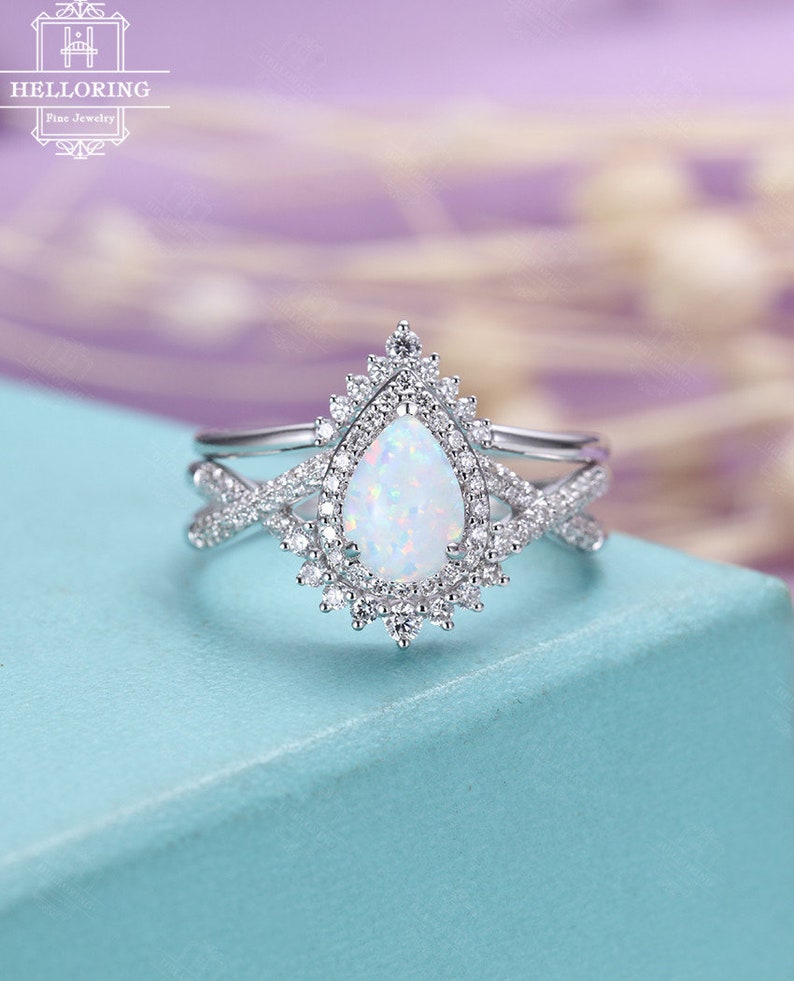 Vintage Opal Engagement ring set White gold wedding ring set unique Pear shaped wedding ring Halo diamond moissanite Anniversary ring set 