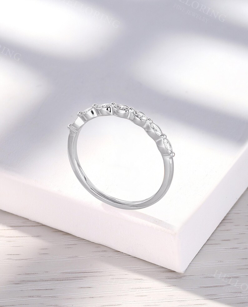 Vintage Marquise Cut Diamond Wedding Band, Handmade White Gold Band, Delicate Seven Stone Ring, Stacking Matching Ring, Bridal Promise Ring image 7