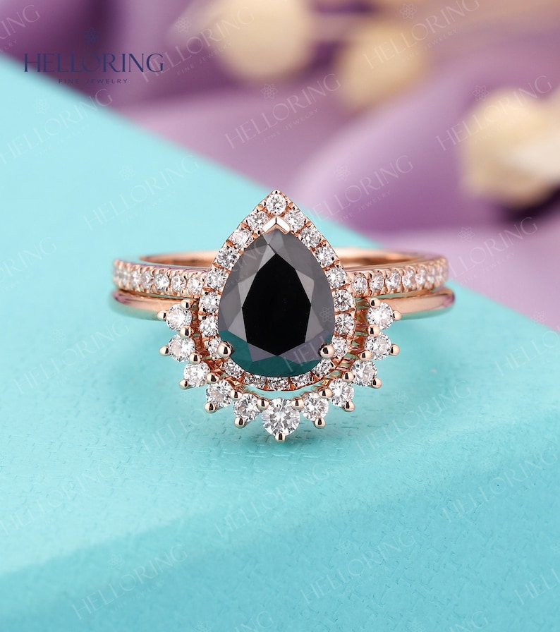 Black Onyx Sapphire engagement ring set Rose gold Pear cut wedding ring vintage Halo diamond moissanite ring Anniversary Promise ring image 1