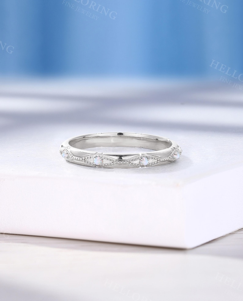 Art Deco Opal Wedding Band: Rose Gold Stacking Engraved Bridal Ring, Birthstone Anniversary Promise Ring image 6