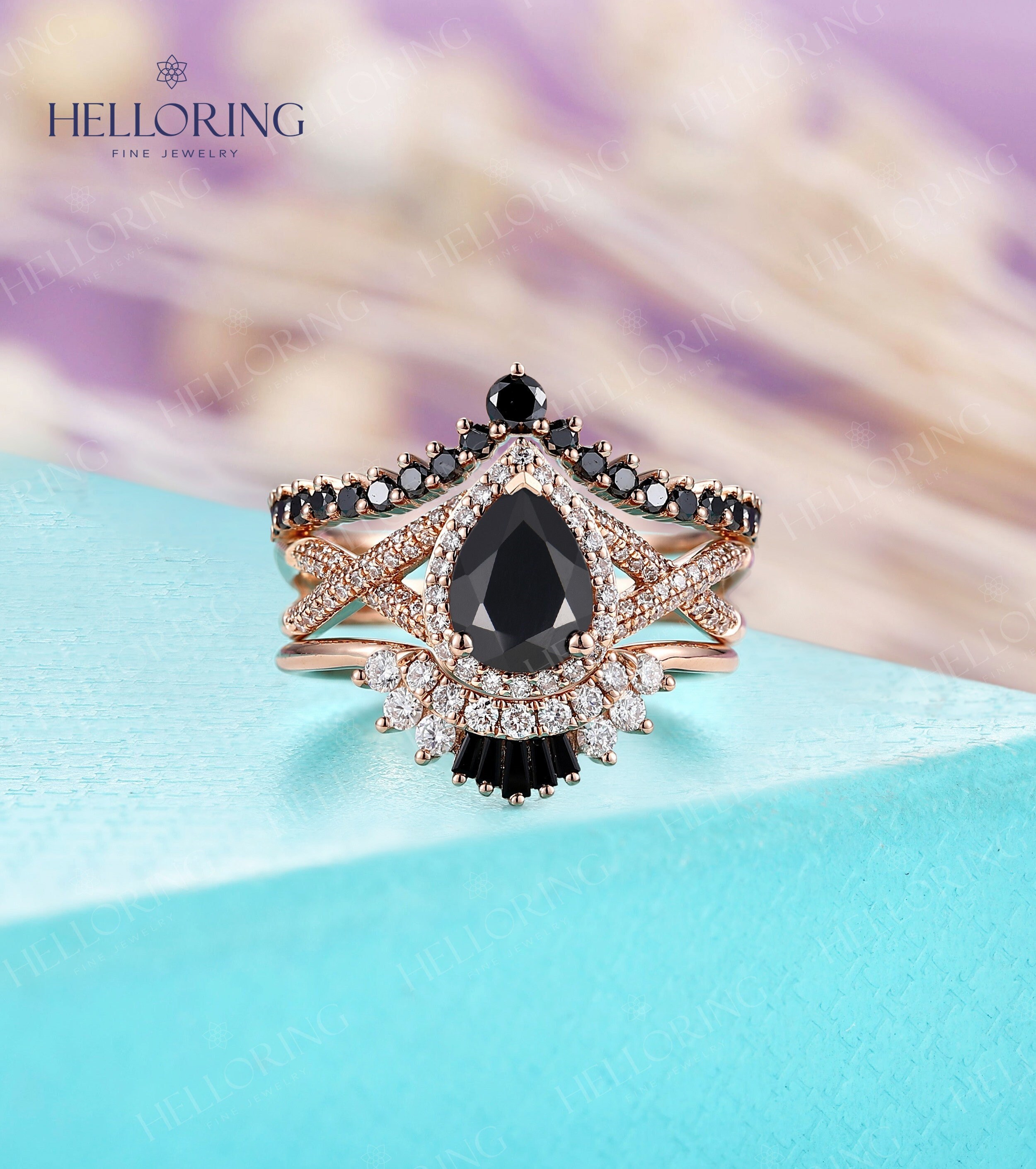 Pear Black Onyx Engagement Ring Vintage Rose Gold Twisted Ring