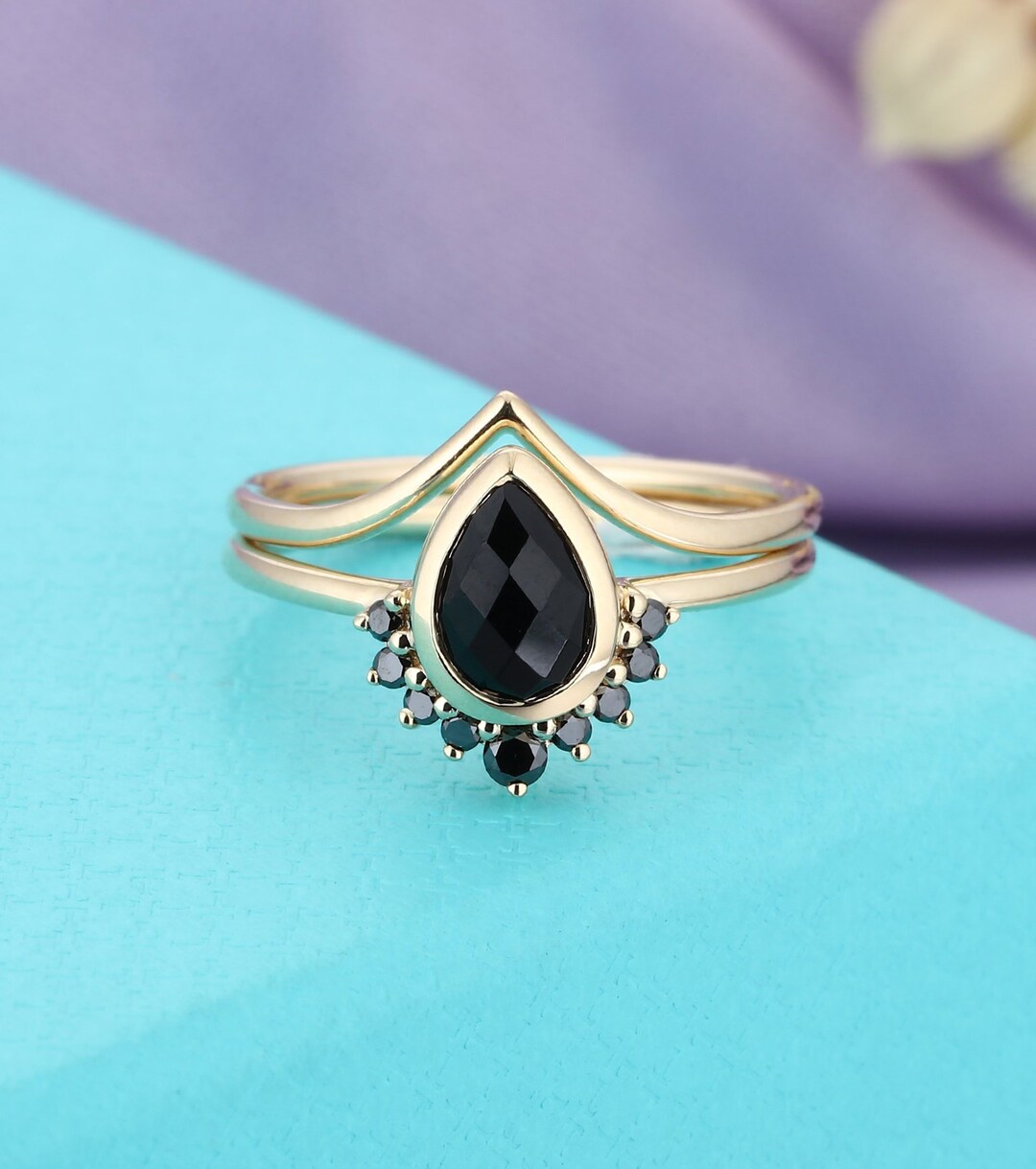 Pear Cut Engagement Ring Set Black Onyx Wedding Ring Set Art Deco Black ...