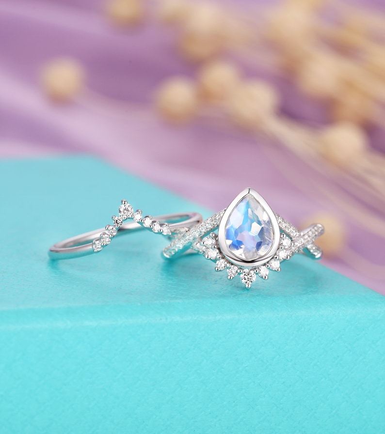 Moonstone engagement ring set Pear shaped Rose gold diamond | Etsy