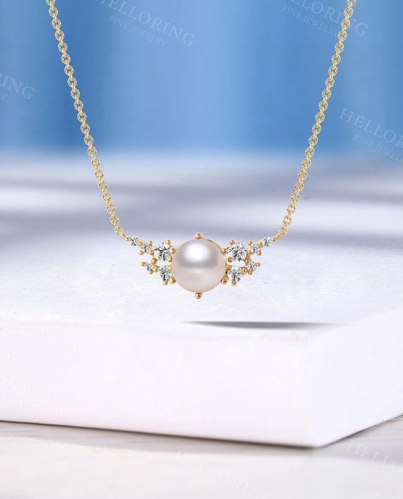14K Gold Freshwater Pearl Jewelry Set With Moissanite, Elegant