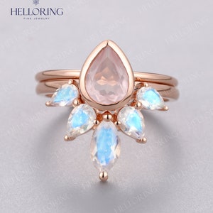 Rozenkwarts Verlovingsring set Rose goud Peer gesneden Gebogen trouwring Marquise gesneden Art deco Moonstone Bridal Anniversary Promise ring afbeelding 4