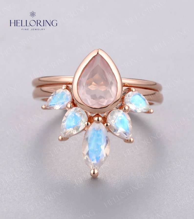 Rozenkwarts Verlovingsring set Rose goud Peer gesneden Gebogen trouwring Marquise gesneden Art deco Moonstone Bridal Anniversary Promise ring afbeelding 4