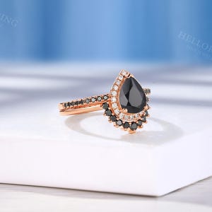 Vintage Pear Cut Black Onyx Engagement Ring, Half Eternity Band Ring, Halo Diamond Ring, Rose Gold Ring, Black Diamond Curved Wedding Band image 4
