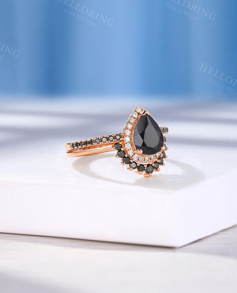 Vintage Pear Cut Black Onyx Engagement Ring, Half Eternity Band Ring, Halo Diamond Ring, Rose Gold Ring, Black Diamond Curved Wedding Band image 4