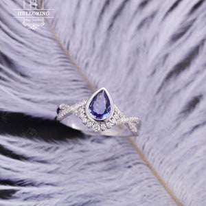 Tanzanite Engagement ring set white gold Vintage wedding ring Pear cut Art deco Curved diamond Moissanite band Anniversary Promise ring image 8