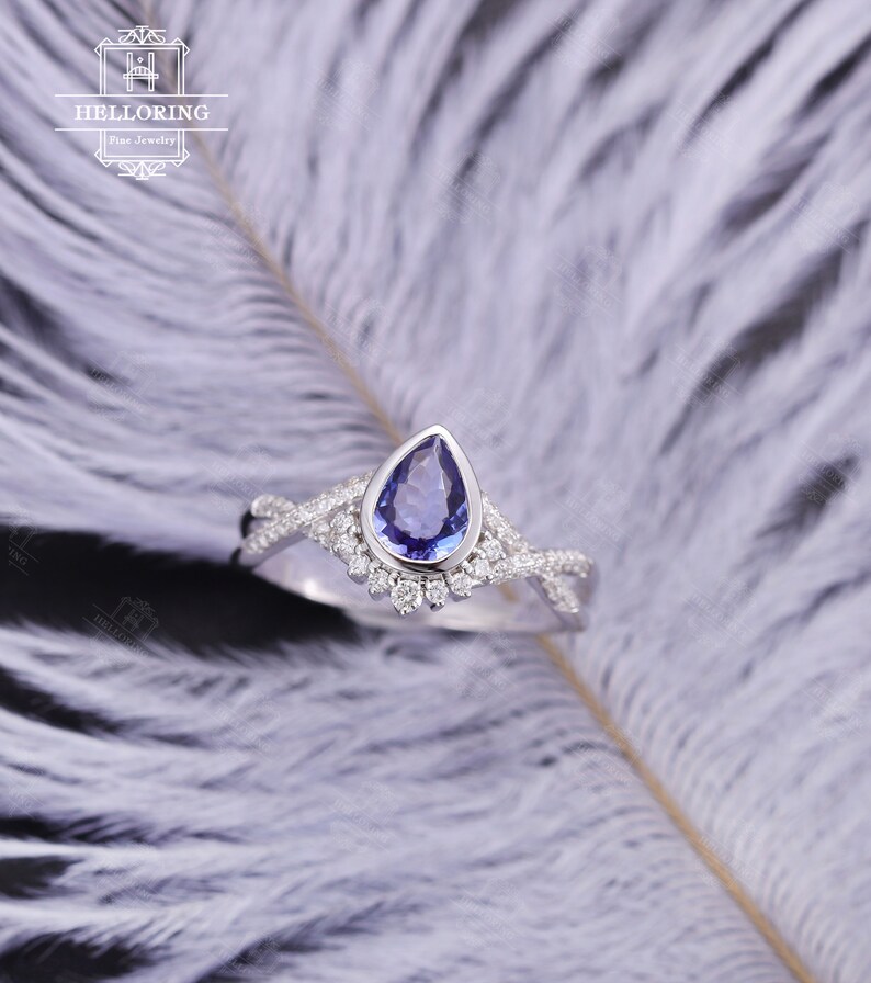 Tanzanite Engagement ring set white gold Vintage wedding ring Pear cut Art deco Curved diamond Moissanite band Anniversary Promise ring image 8