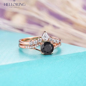 Vintage Round Cut Black Onyx Engagement Ring Set Rose Gold Pear Cut Moissanite Curved Wedding Band Unique Cluster Pave Ring Promise Ring image 2