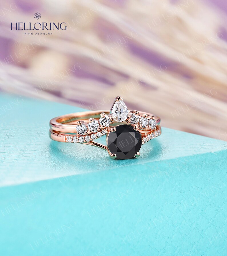 Vintage Round Cut Black Onyx Engagement Ring Set Rose Gold Pear Cut Moissanite Curved Wedding Band Unique Cluster Pave Ring Promise Ring image 2