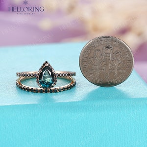 Vintage teal sapphire engagement ring set blue green sapphire ring black diamond wedding band half eternity ring art deco promise ring image 5