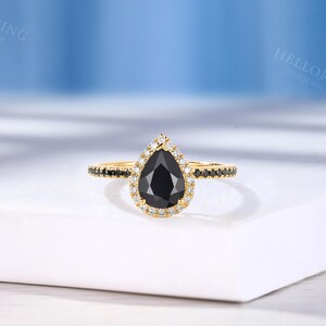 Vintage Pear Cut Black Onyx Engagement Ring, Half Eternity Band Ring, Halo Diamond Ring, Rose Gold Ring, Black Diamond Curved Wedding Band image 6
