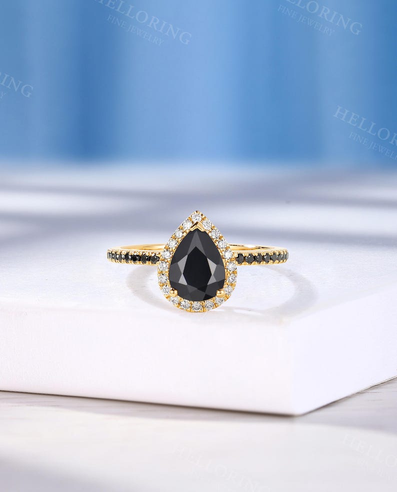Vintage Pear Cut Black Onyx Engagement Ring, Half Eternity Band Ring, Halo Diamond Ring, Rose Gold Ring, Black Diamond Curved Wedding Band image 6