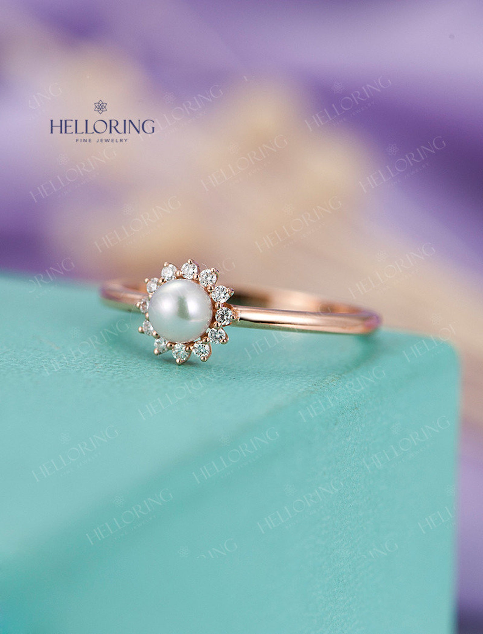 Floral Pearl Engagement Ring Rose Gold Flower Ring Unique Art Etsy