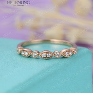 Stacking Ring Vintage Diamond Wedding Band Rose Gold Art Deco Antique Milgrain Bridal Unique Half Eternity Promise Anniversary ring