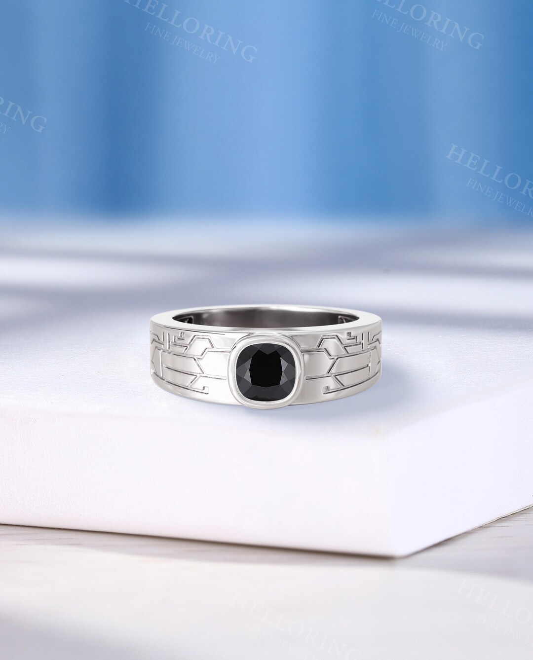 Circuit Pattern Design Men's Ring, Black Onyx Wedding Band, Handmade ...