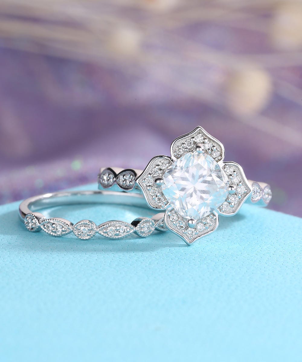 Art deco Engagement Ring Cushion cut Moissanite ring Diamond