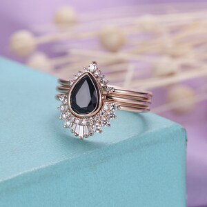 3pcs Black Sapphire Engagement Ring Set Rose Gold Vintage Diamond CZ ...
