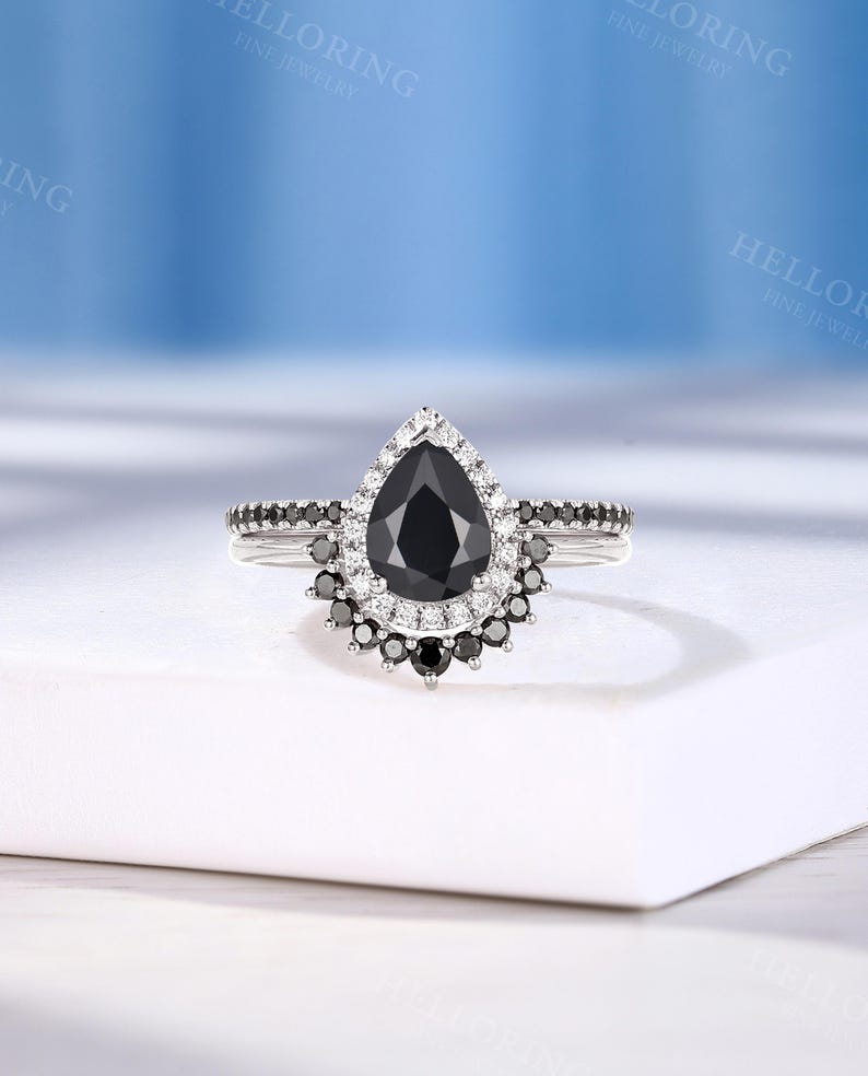 Vintage Pear Cut Black Onyx Engagement Ring, Half Eternity Band Ring, Halo Diamond Ring, Rose Gold Ring, Black Diamond Curved Wedding Band image 7