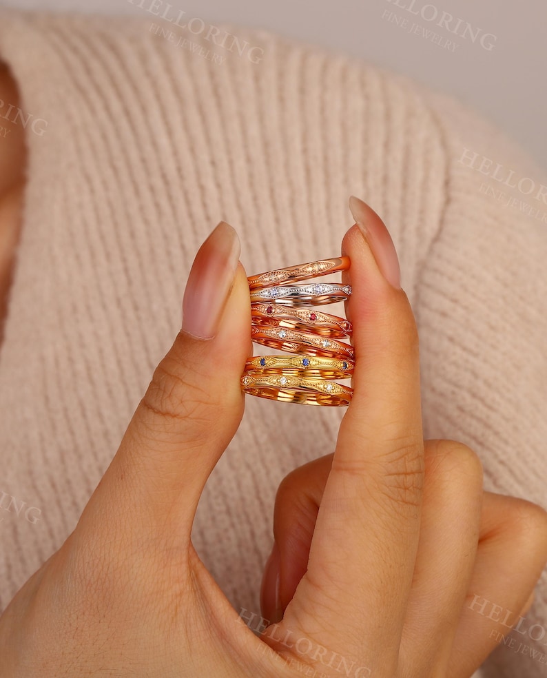 Vintage Diamond Wedding Band, Solid Gold, Unique Milgrain Band, Stackable Matching Anniversary Ring for Women image 9