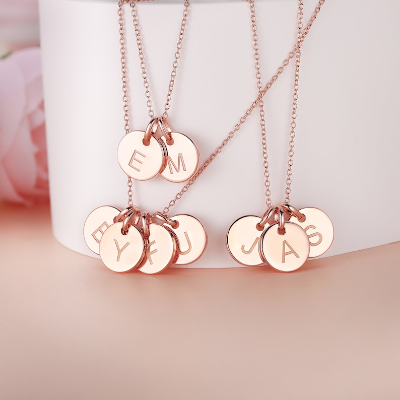 Modern Two Initial Pendant Rose Gold Plating Custom Disk Engraved Pendant Unique Family Memorial Necklace Special Mother's Gift For Her image 1