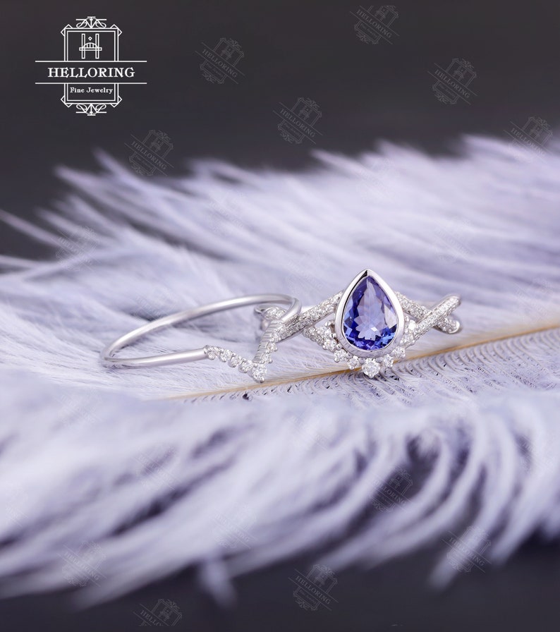 Tanzanite Engagement ring set white gold Vintage wedding ring Pear cut Art deco Curved diamond Moissanite band Anniversary Promise ring image 2