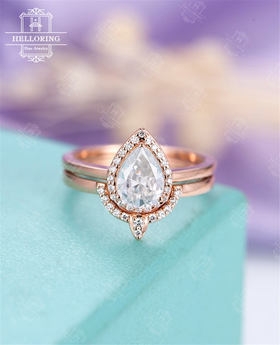 Moissanite engagement ring Vintage Pear Shaped Diamond Wedding band Curved Rose gold Women Halo Stacking Anniversary gift for her Jewelry
