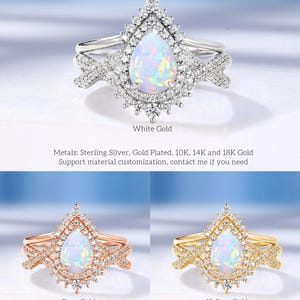 May include: A white gold ring set featuring a pear-shaped opal gemstone surrounded by a halo of small, sparkling stones. The band has a delicate, crisscross design. The image also shows rose gold and yellow gold ring variations.