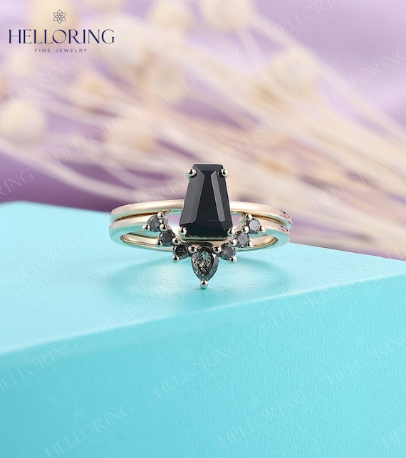Unique Black Onyx Engagement Ring Set Coffin Shaped Onyx Ring Yellow Gold Wedding Ring Set Salt and Pepper Diamond Anniversary Wedding Band Etsy