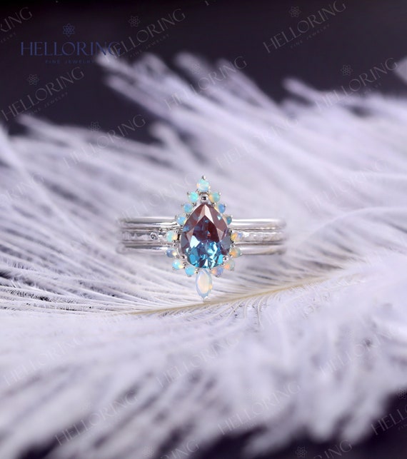 Alexandrite Engagement Ring Set White Gold Pear Cut Opal Wedding