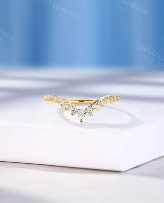 Solid Gold Curved Wedding Band, Pear Diamond Moissanite Wedding Band, Chevron Stackable Matching Band, Unique Band Promise Anniversary Band