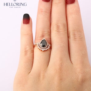 Black Onyx Sapphire engagement ring set Rose gold Pear cut wedding ring vintage Halo diamond moissanite ring Anniversary Promise ring image 8